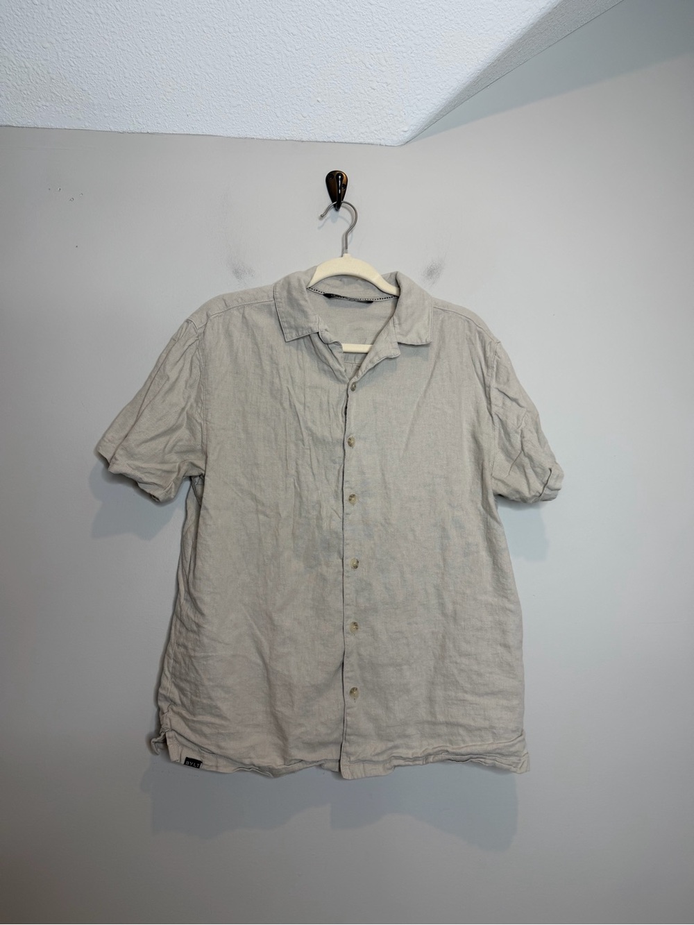 BYLT Premium Basics Linen Blend Button Up Shirt Mens Medium Beige Coastal Casual